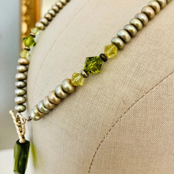 🔥 Vintage Deco Green Crystal Pendant Pearl Necklace 💚 - Picture 7 of 13